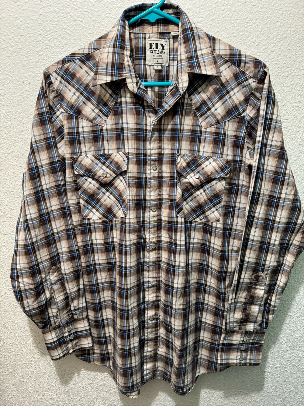Ely Cattleman Brown and Blue Plaid Pearl Snap Western Button-Up Shirt